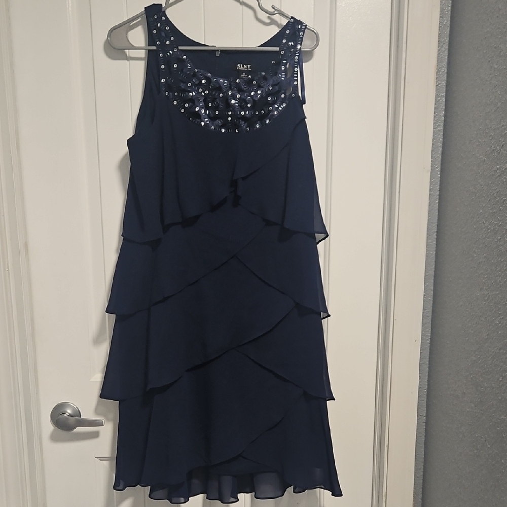 SLNY Navy Layered Midi Dress with Bead Embellishments